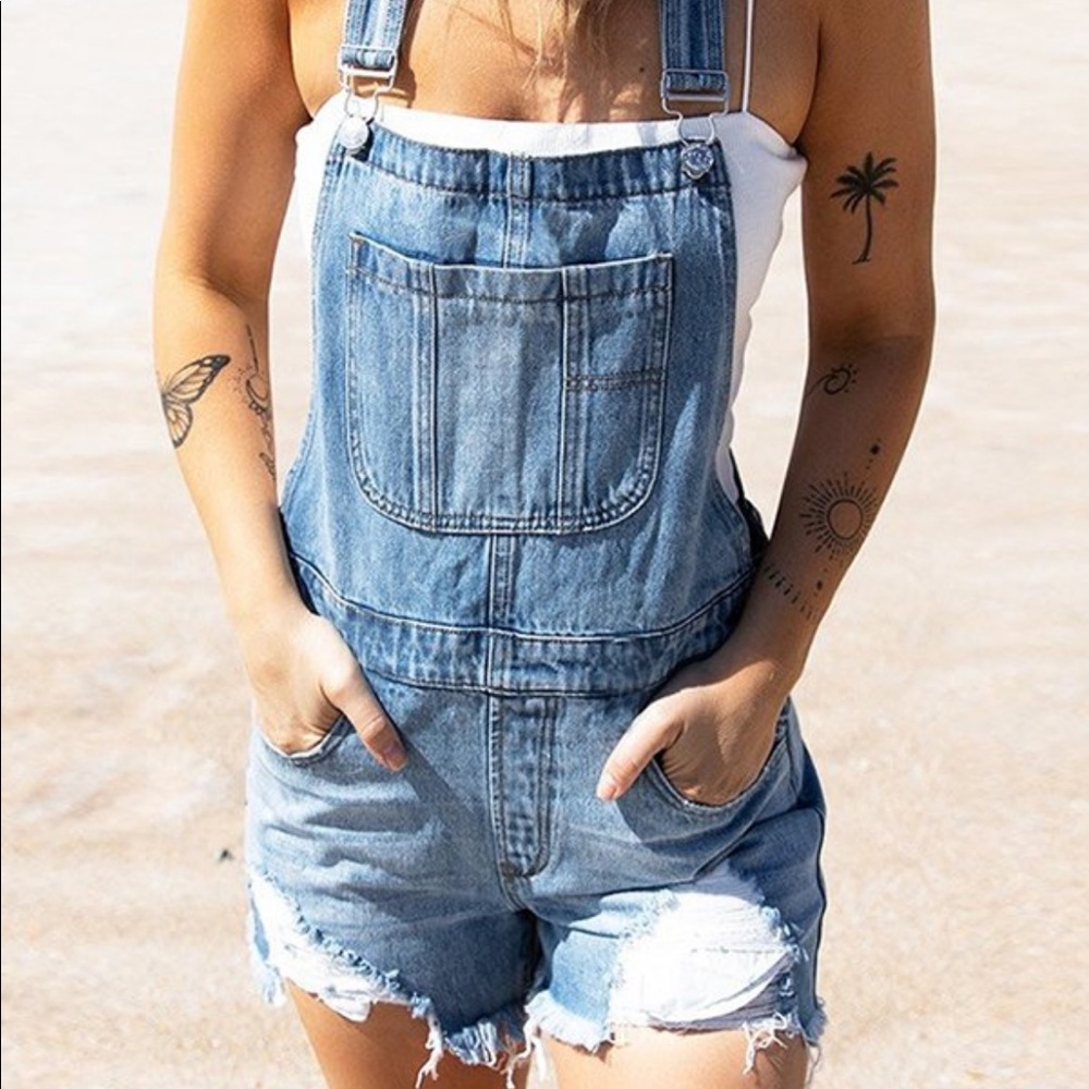 Denim Overall Shorts with Ripped Pocket